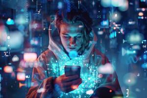 A person in a hoodie is looking at a phone photo