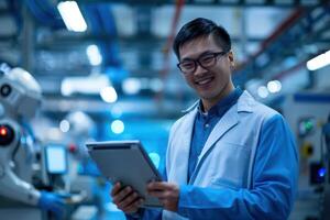 Asian man in lab coat holding tablet computer photo