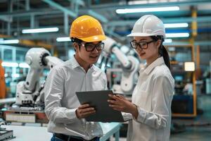 Two people in hard hats looking at a tablet photo