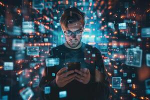 A man in glasses is looking at his phone while surrounded by digital icons photo
