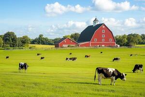 A peaceful rural scene showcasing a red barn and cows grazing in a lush green pasture photo