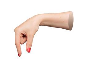 Woman s hand with red polished nails, fingers pinching a small, invisible object, isolated on white photo