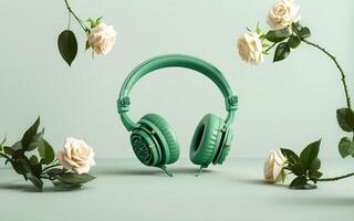 A pair of green headphones with roses around them photo