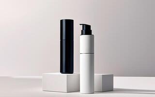 Two cosmetic products are sitting on a white surface photo