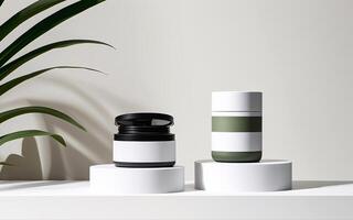 Two white and green containers sit on a shelf photo
