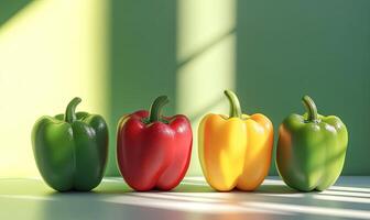 Colorful bell peppers arranged in a row against a vibrant green backdrop with sunlight streaming photo