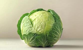 Fresh green cabbage with crisp leaves displayed on a light background in a culinary setting photo