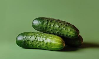 Fresh cucumbers arranged neatly on a green surface, showcasing their vibrant texture and color photo