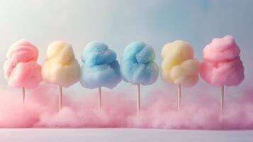 Colorful cotton candy displayed on sticks with soft pastel colors creating a festive mood photo