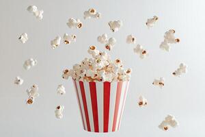 Flying popcorn bursts from striped container against a light background creating a joyful atmosphere photo