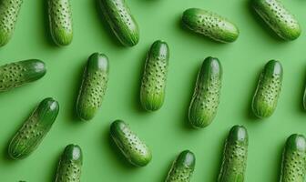 Fresh cucumbers arranged on a vibrant green background for a healthy food display photo