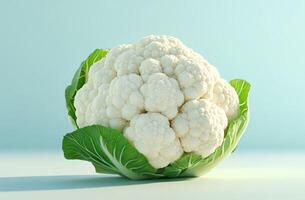 Fresh cauliflower with green leaves displayed against a light blue background in a kitchen setting photo