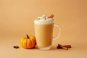Delicious pumpkin spice latte with whipped cream and cinnamon on a warm autumn background photo