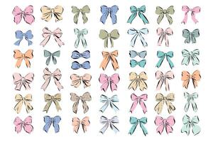 Large set of bows of different colors, shapes and patterns. Elements of gift ribbons isolated on background. vector