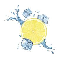 Lemon slices falling splashes water, ice cubes. Dynamic cold liquid with citrus fruits. Isolated hand drawn watercolor illustration for menu, packaging of goods, advertisement vector