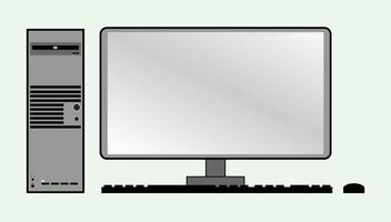 Desktop computer contains keyboard and mouse, office set PC, grey and black, CD rom drive, USB input ports and mic and speakers input output ports, suitable for educational content and books figures vector