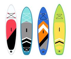 Set of SUP boards of different shapes. Stand-up paddleboards in flat style isolated on white. vector