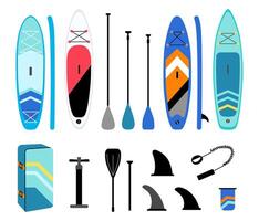Set of stand-up paddleboards and accessories. SUP boards of different shapes, pump, fins and oars. Flat style illustration isolated on white. vector