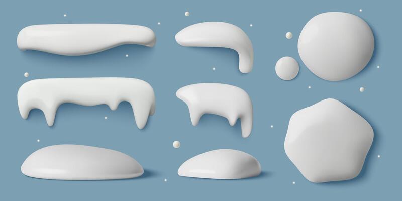 Minimal 3d snow caps icicles snowdrifts piles and snowballs clipart collection on a blue background