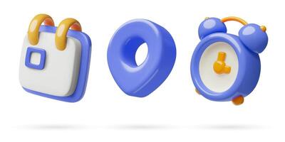 Date time and address 3d icon set with calendar location pin and alarm clock vector