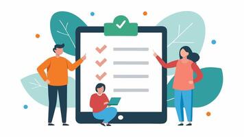 Resource Sharing An illustration of a digital tablet displaying a checklist of coping strategies with people discussing and pointing at it highlighting the exchange of helpful. vector