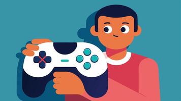 OneHanded Gaming A closeup view of a gamer skillfully manipulating a compact game controller with one hand showcasing an inclusive design for onehanded use.. vector