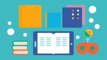 Multisensory Learning An array of learning tools displayed together a Braille textbook a large print workbook and a tablet showing an audio lesson.. vector