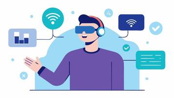 Voice Control Interaction An illustration showing a user with a hearing impairment interacting with a VR environment using voice commands with visualizations depicting the commands. vector
