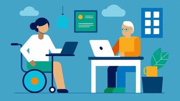 Home Consultation A person in a wheelchair sitting comfortably at a desk with a laptop. The screen shows a healthcare professional. An assistive device for communication is p on. vector