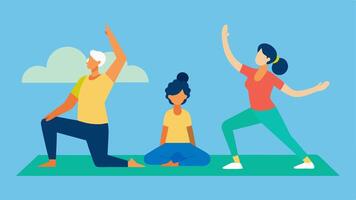 Gentle Movement An image of individuals participating in a gentle stretching session featuring a person with a mobility aid another in a standing stretch and one seated all on. vector