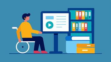 Library Resources Inside a library a person browses through accessible materials and adaptive technology demonstrations while a librarian offers assistance.. vector