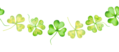 Horizontal seamless border with shamrock and four leaf clover petals.Watercolor and marker illustration.Hand drawn Irish symbol for St. Patrick's Day.Isolated design element for packaging,web banner. png