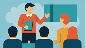 Sign Language Interpretation An illustration depicting a lecturer speaking to a student audience with a professional sign language interpreter positioned to ensure communication. vector