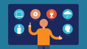 Interactive Touch Screen A userfriendly touch screen display with icons for different exhibits showcasing a person using it to explore museum information.. vector