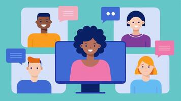 Virtual Meeting A group of diverse people on a call with one participant using speechtotext technology. Captions appear on the screen as they speak.. vector