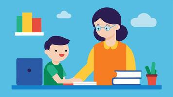 Teacher Assistance An educator with a friendly demeanor providing oneonone support to a student with a learning disability with various learning materials spread out on a desk.. vector