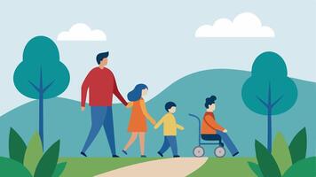 Nature Walk Family members walking along a paved nature trail stopping to observe wildlife while a wheelchair is easily maneuvered along the path.. vector