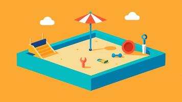 Inclusive Sandbox A roomy sandbox with accessible benches surrounding it featuring tools and toys. vector