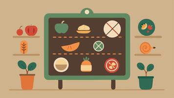 Inclusive Menu Options A decorative menu board featuring a variety of dishes labeled with symbols for dietary restrictions e.g. vegetarian glutenfree promoting inclusivity in food. vector
