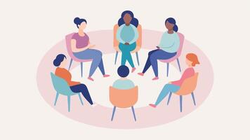 Support Circle A circular arrangement of chairs with individuals sitting and sharing surrounded by soft colors and gentle patterns that enhance the feeling of safety and. vector