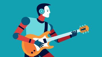 Playing Music A musician holds a guitar using a bionic arm adjusting the strings skillfully while strumming illustrating the fusion of technology and creativity.. vector