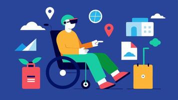 Virtual Reality Travel A traveler wearing VR goggles and seated comfortably in a wheelchair experiencing a digital tour of various destinations from a fully accessible setup at. vector