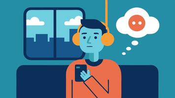 Public Transportation A commuter using headphones and a phone dictating a message. A thought bubble illustrates the text they are creating as the train moves.. vector