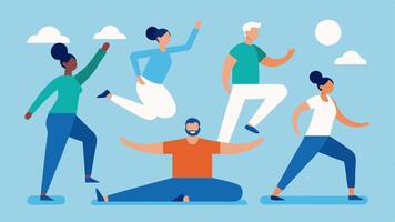 Mindful Movement A dynamic depiction of participants engaged in slow mindful movements showcasing various adaptive techniques and warmups.. vector