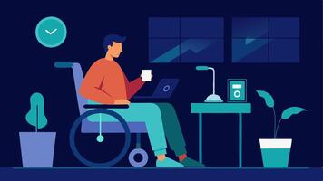 Voice Command Living Room A person in a wheelchair sitting in a cozy living room using a tablet to give a voice command to a smart speaker. The background shows smart lighting and. vector