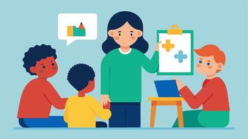 Group Learning A classroom scene where a teacher facilitates a small group of students working on a poster including a student with autism who is showing their unique drawing. vector