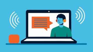 Laptop with Readable Text An open laptop showing a screen with large clear fonts. A person is sitting in front using a screen reader with audio waves emanating from the device. vector