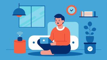 Smart Home Controls An illustration of an individual using a smart home device with voice activation. The person is sitting comfortably in their living room surrounded by. vector