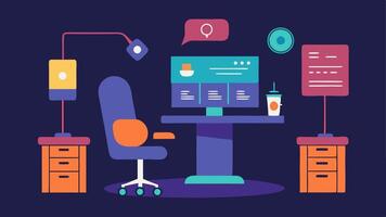 Inclusive Editing Suite An editing room featuring an ergonomically designed chair a voiceactivated editing software interface and large comfortable spaces for group discussions.. vector