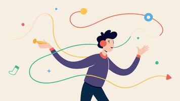 GestureControlled Music An artist creating music through hand gestures in midair with colorful lines showing the movements interacting with an unseen interface.. vector